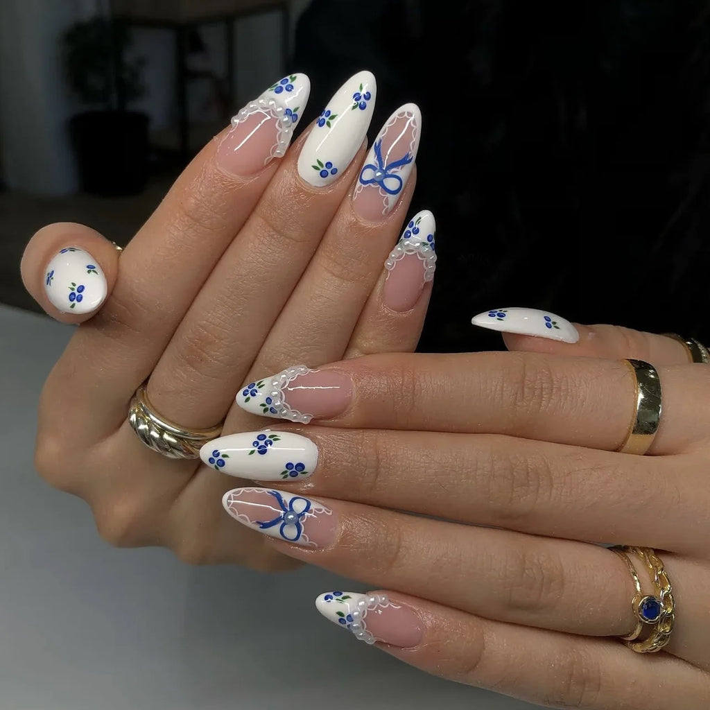 3D fake nails for women gilrs French minimalist bow pearl blue flowers design Nude white almond nail tips press on false nail