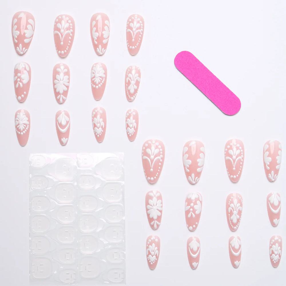 3D Flower & Bow Almond Press-On Nails – White Nude Pink