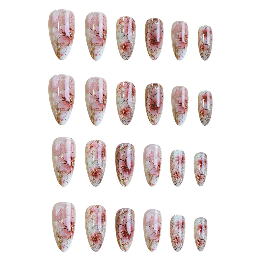 24pcs/set Medium fake nails for women girls gradient pink flowers print Almond nail tips full cover press on false nails set