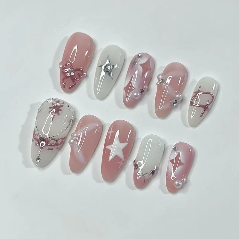 3D Green Ripple Cat-Eye French Almond Press-On Nails – Leaf Pattern, 24 Pcs