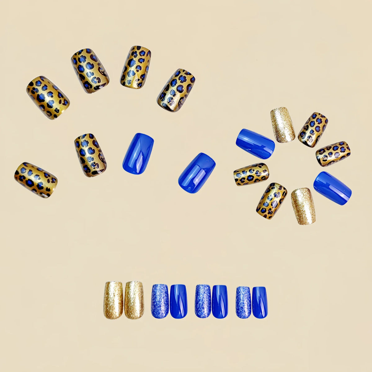 24pcs/set Short Medium fake nails for women dark blue yellow golden colors leopard print Square shape press on false nail art