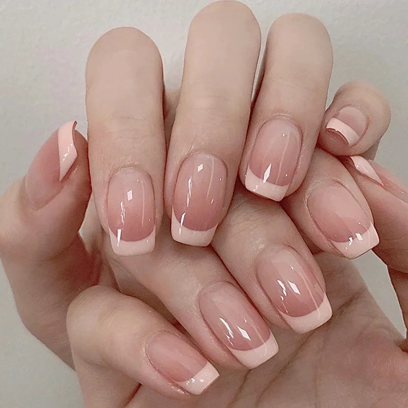 Short Square Fake Nails for Women Girls French Style Nude Nail Tips for Daily Use Full Cover Faux Ongles Press On False Nail Art