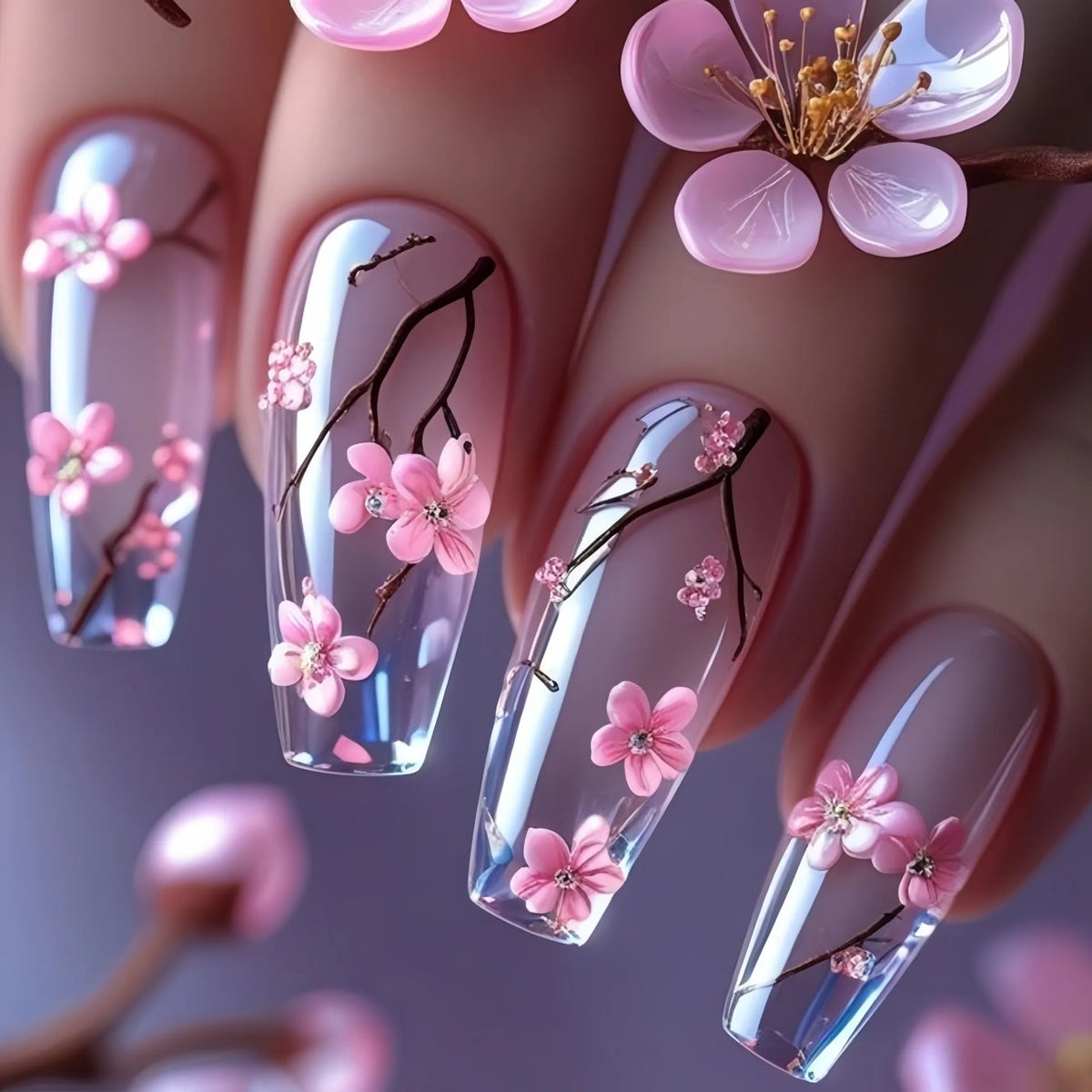 Medium long fake nails for women girls half clear nail tips pink flowers design ballet shape full cover reusable press on nails