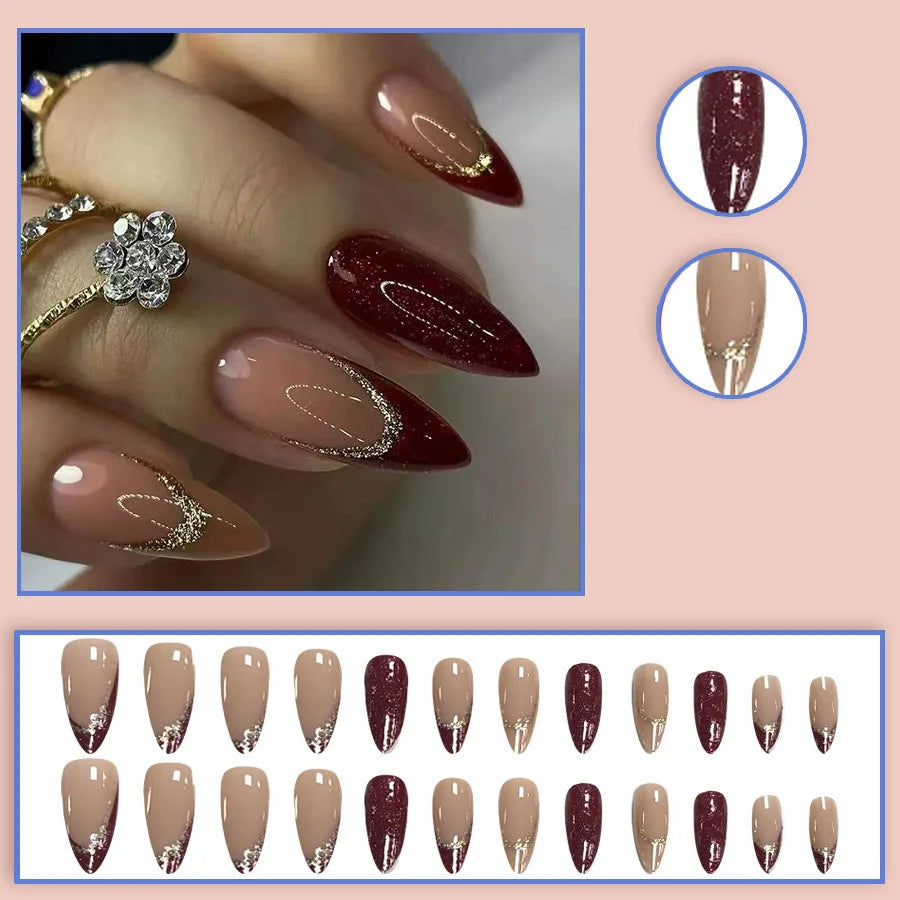 24pcs/set Medium fake nails for women girls almond nail art tips nude red french style golden strips press on false nail art