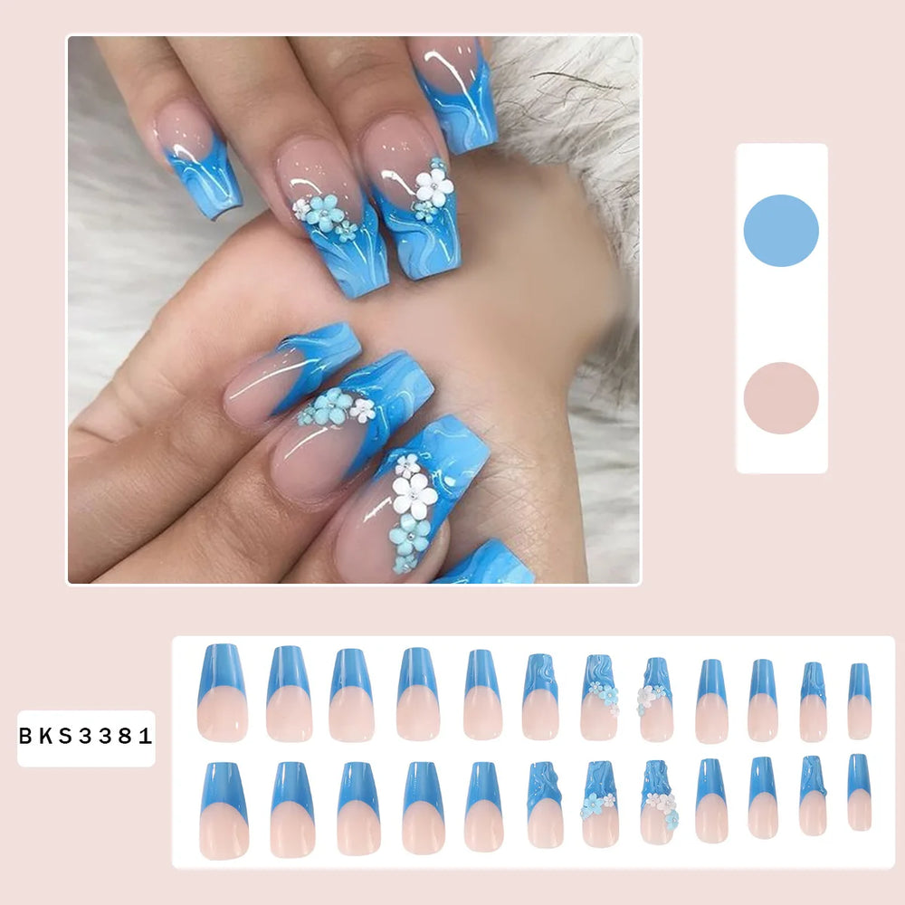 Blue Green Gradient 3D Embossed Flower Press-On Nails – Medium Long Square, 24 Pcs