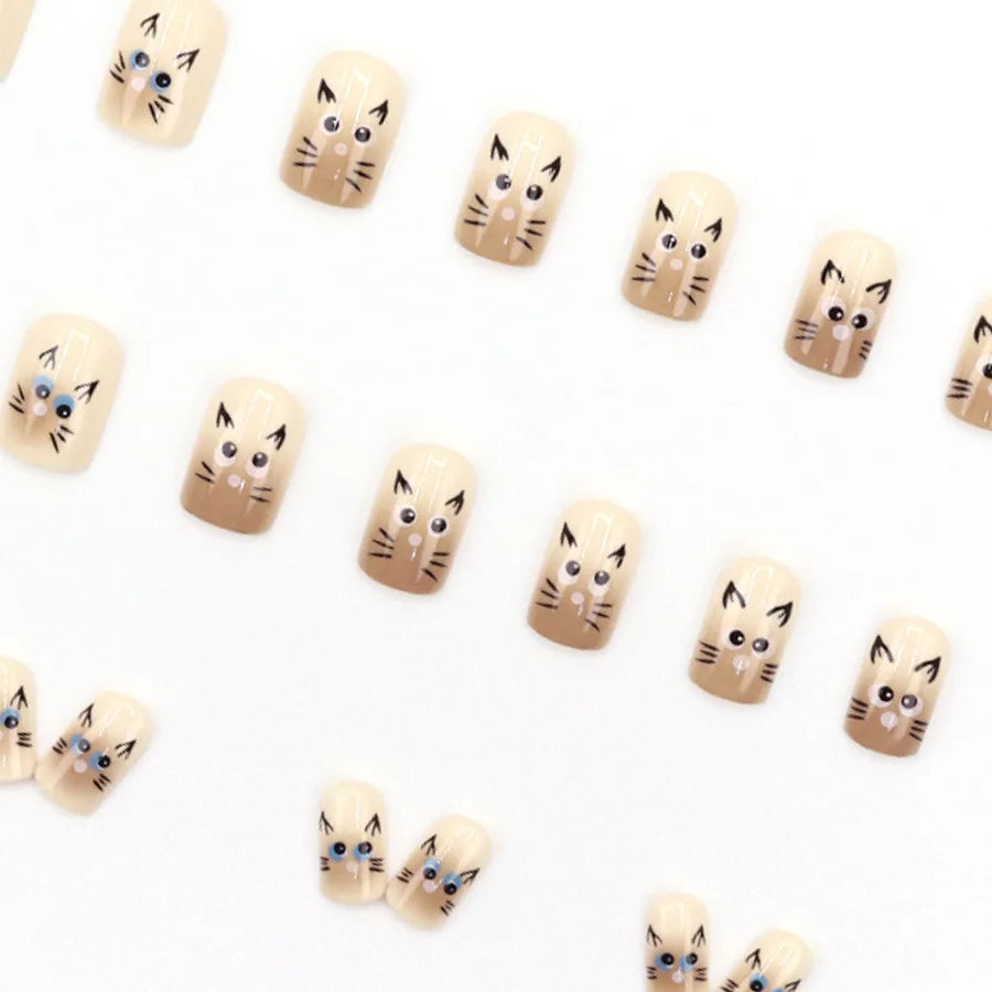Short Medium fake nails for women gilrs nude beige gradient brown kawaii cartoon cute cat footprint almond square press on nail