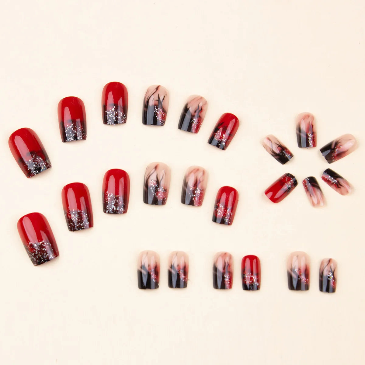 Short Medium fake nails for women Gradient red black colors flame glitters design square nail tips full cover press on nails art