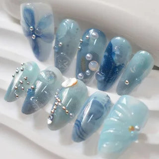 Blue Ombre Seashell & Pearl Handmade Press-On Nails – Almond, 10 Pcs