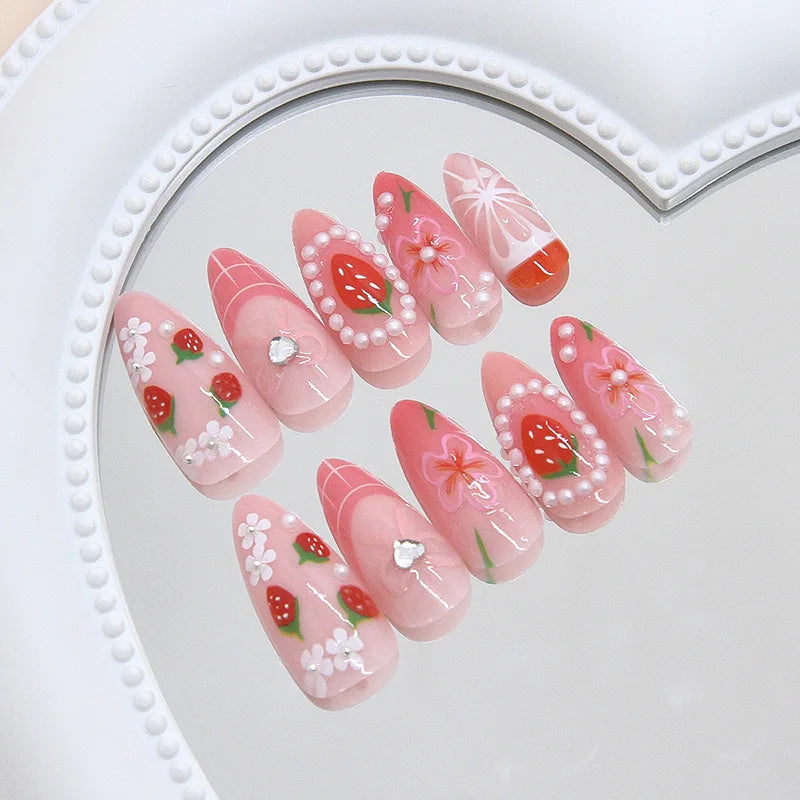 24pcs/set 3D fake nails for women girls embossed flowers pearl rhinestones design Medium almond tips press on false nail art