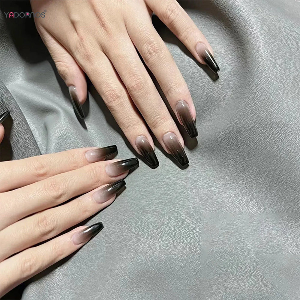 Black Ombre French Press-On Nails – Long Ballerina, 24 Pcs