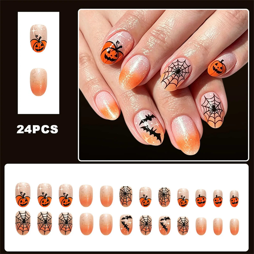Orange Ombre Glitter Pumpkin & Bat Press-On Nails – Almond, 24 Pcs