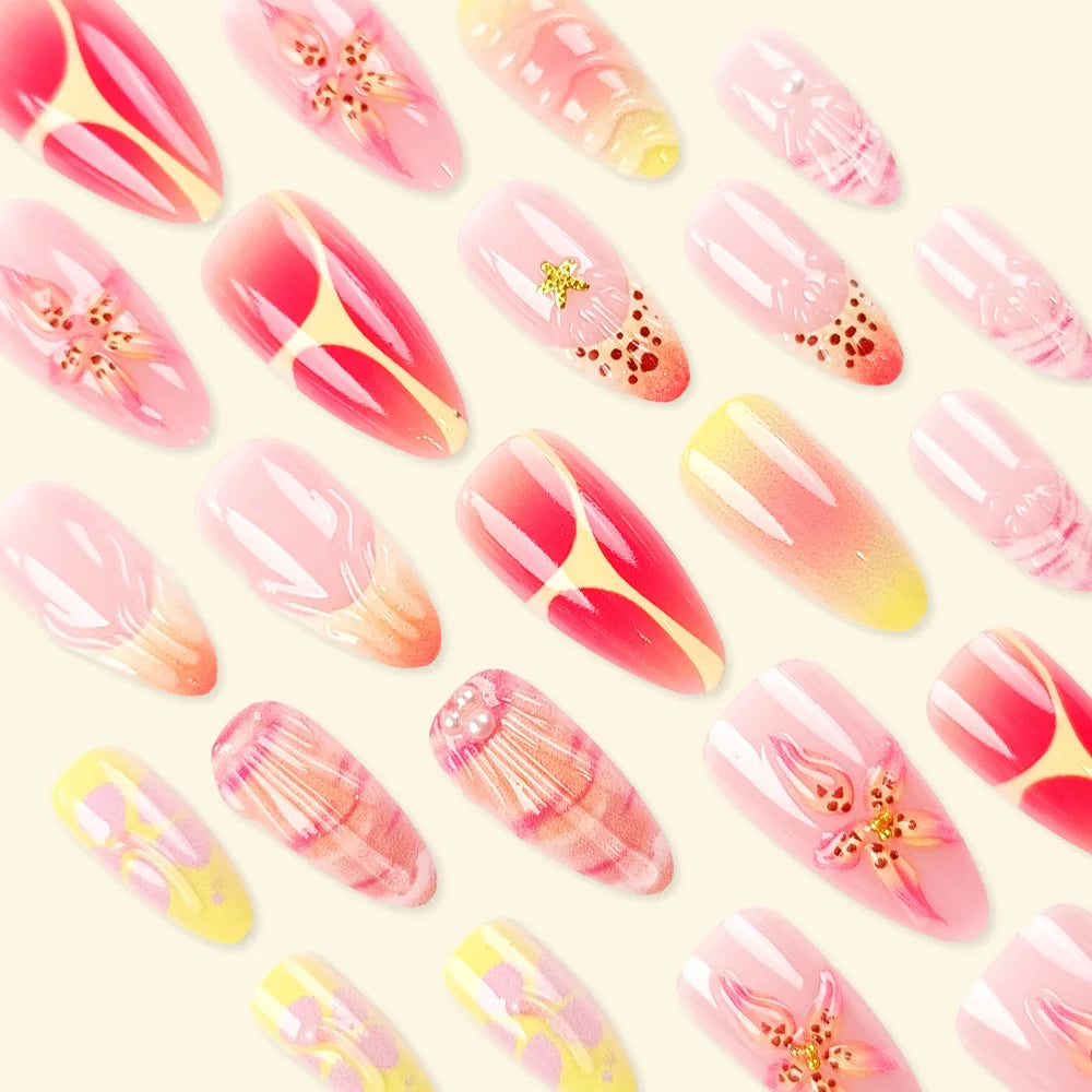 Medium long fake nails for women Gradient yellow red pink flowers shell with rhinestones design full cover presson false nail