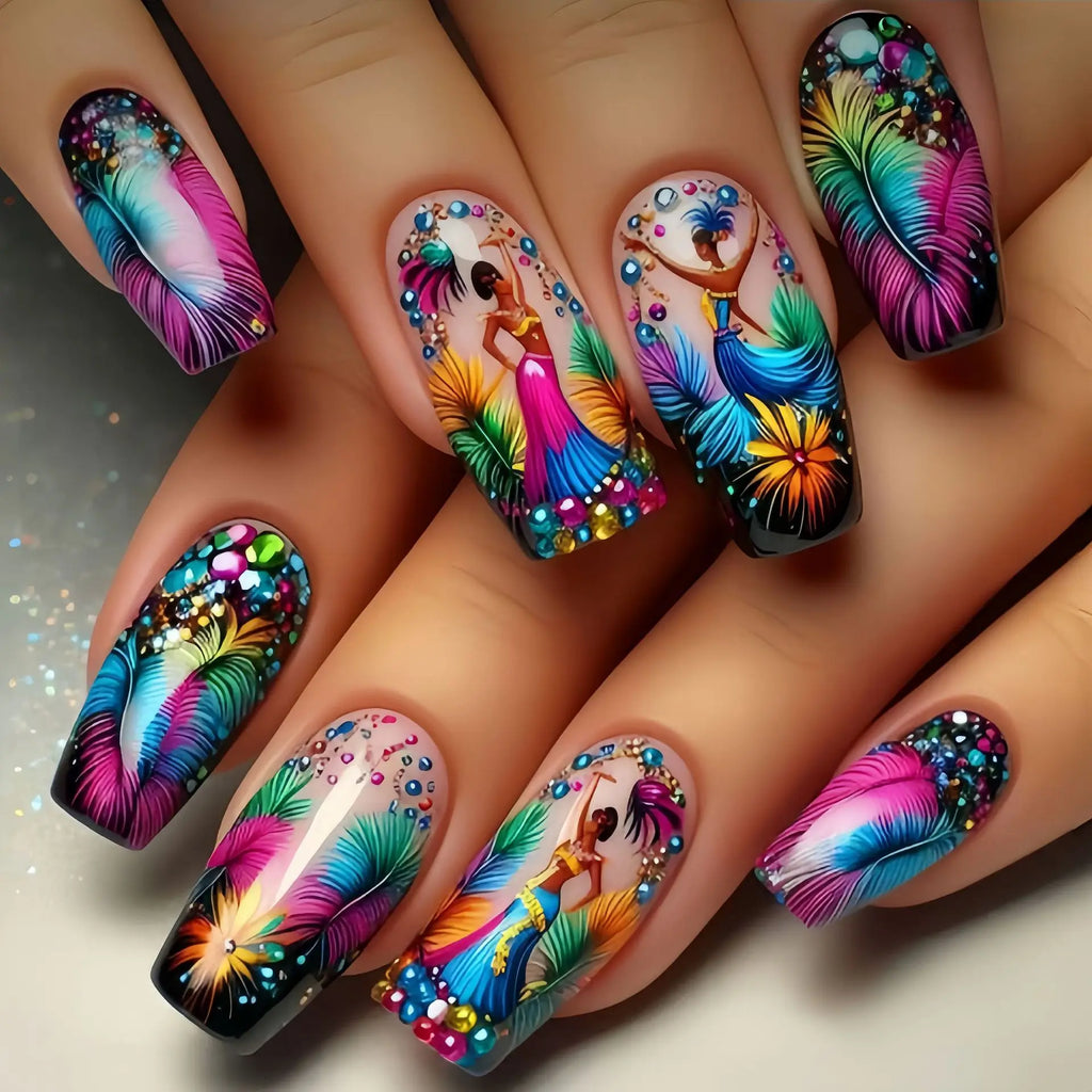 Medium long fake nails for women Y2K pink blue yellow colors girl feather print Ballet shape full cover press on fasle nail set