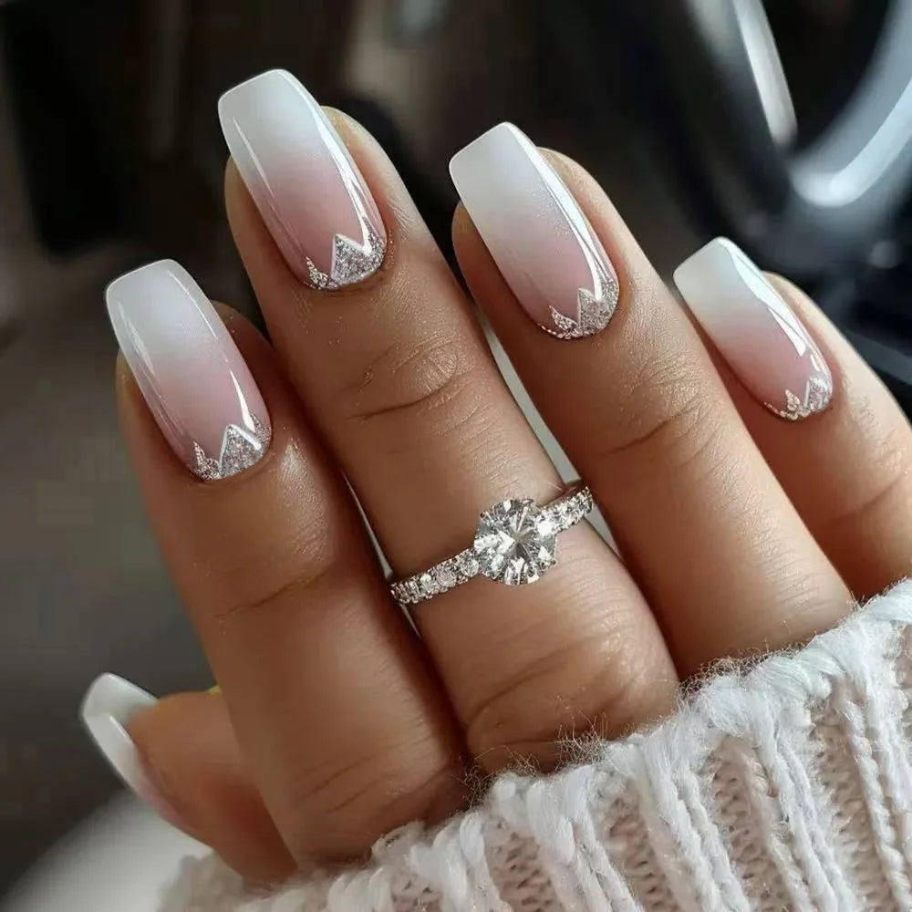 Gradient nude pink fake nails for women Square shape nail tips with silver glitters full cover press on Artificial Nails set