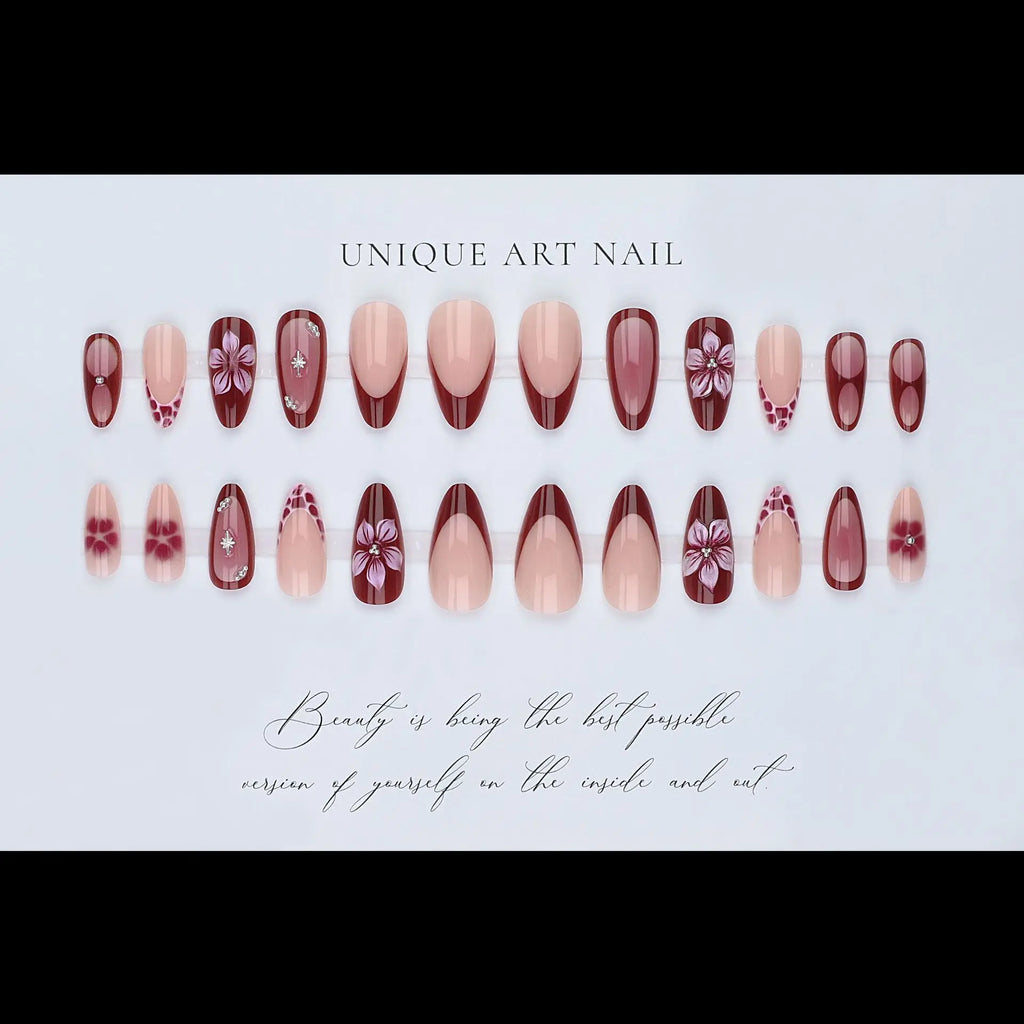 24pcs/set Medium fake nails for women Nude red colors with flowers with rhinestones full cover reusable press on false nail