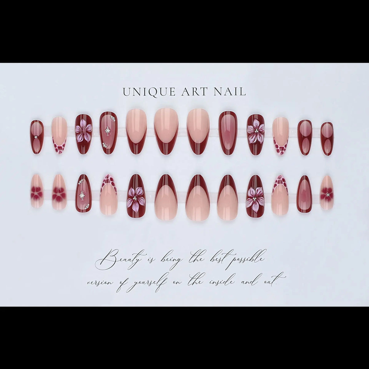 24pcs/set Medium fake nails for women Nude red colors with flowers with rhinestones full cover reusable press on false nail