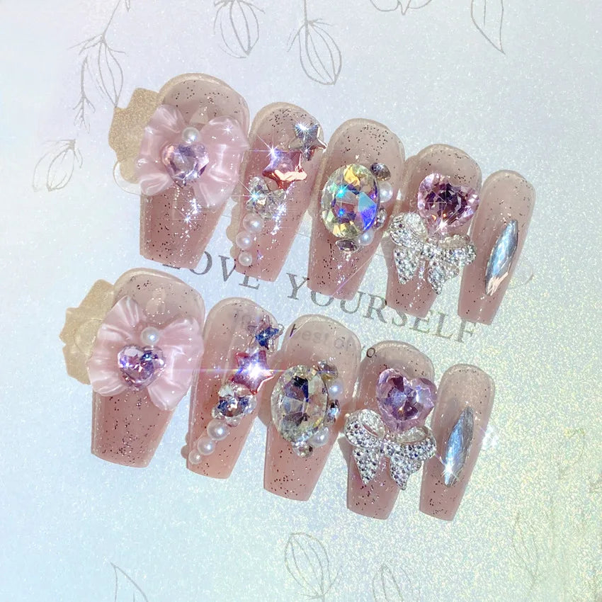 Glitter Rhinestone Pearl Bow Press-On Nails – Long Square, 24 Pcs