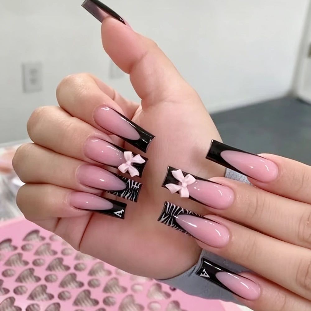 Black Cross Strap French 3D Bow Press-On Nails – Long Ballet, 24 Pcs