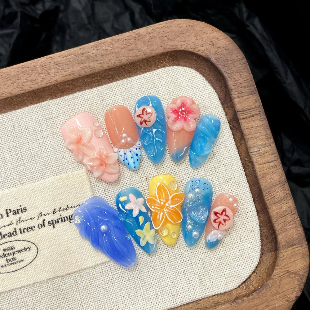 3D Colorful Summer Starfish Handmade Press-On Nails – Almond, 10 Pcs