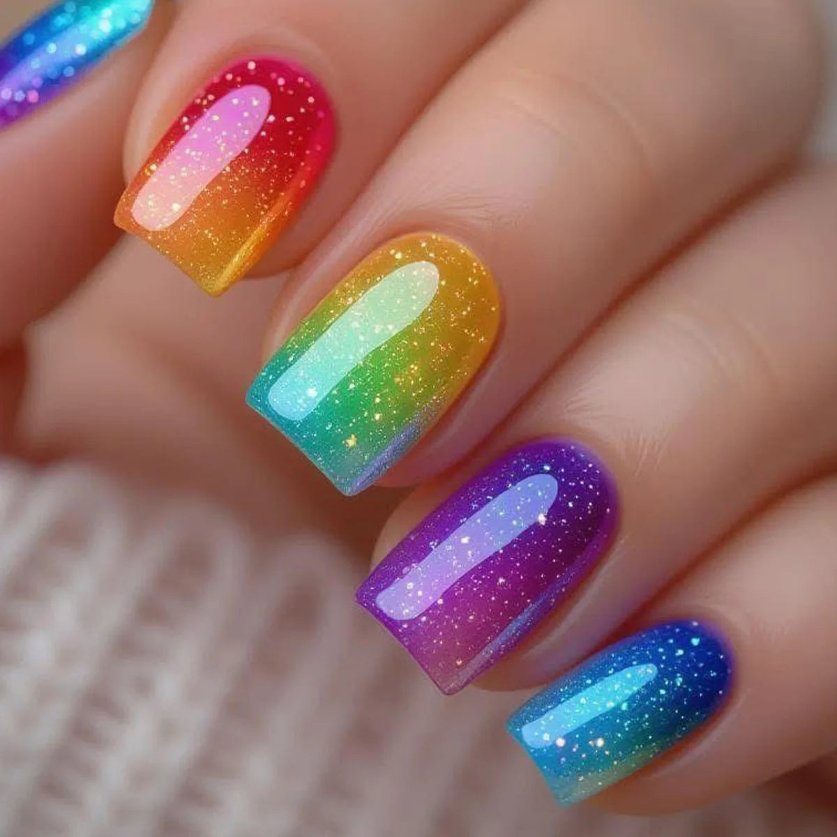 Short Fake Nails for Women Girls Y2K Gradient Candy Rainbow Colors Square Shaped Glossy Nail Tips Full Cover Press On False Nail