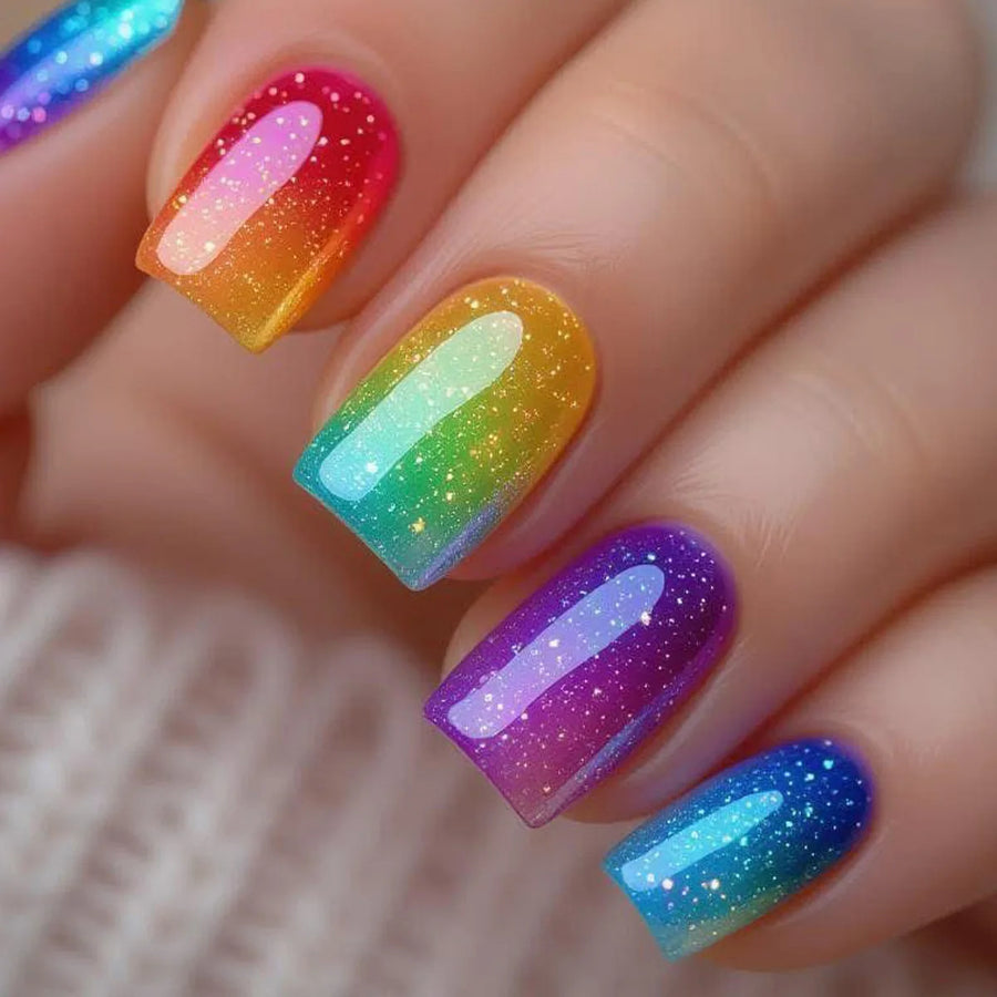 Y2K Candy Rainbow Gradient Glossy Press-On Nails – Short Square, 24 Pcs