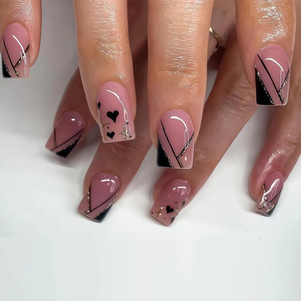 Short Square Nail Tips for women girls french Black White Stripes Heart Silver Sparkle Valentine's Day Style Press-On Fake Nails