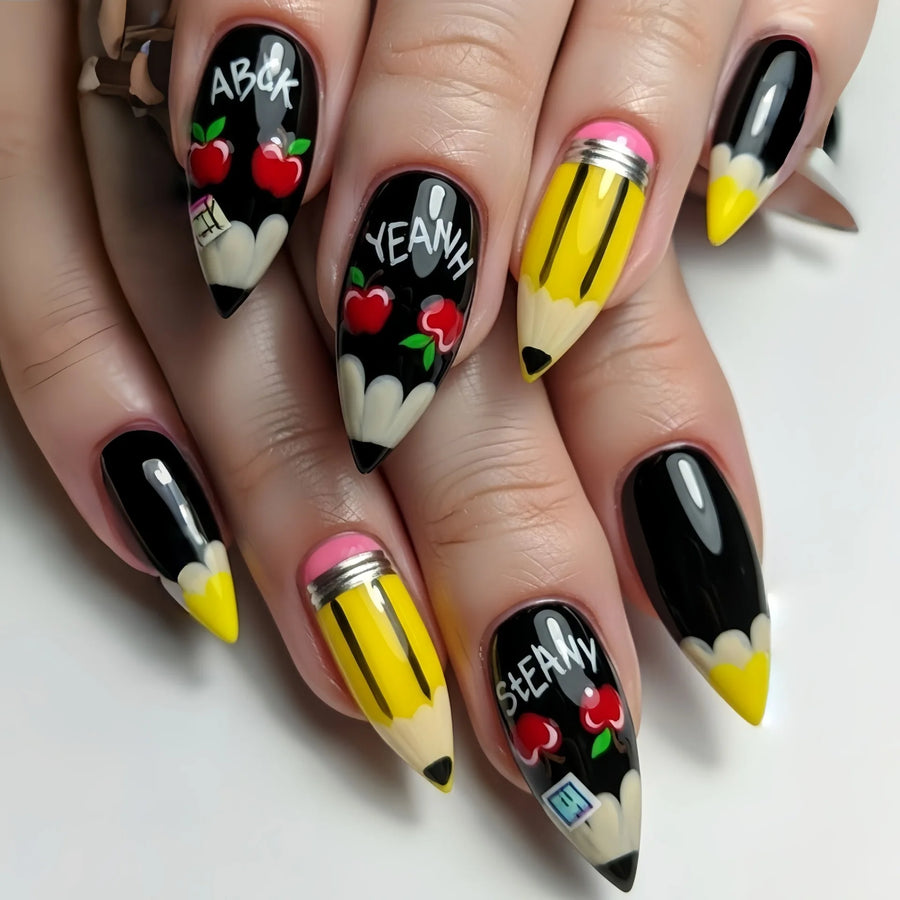 Y2K Campus Pencil Print Almond Press-On Nails – Medium