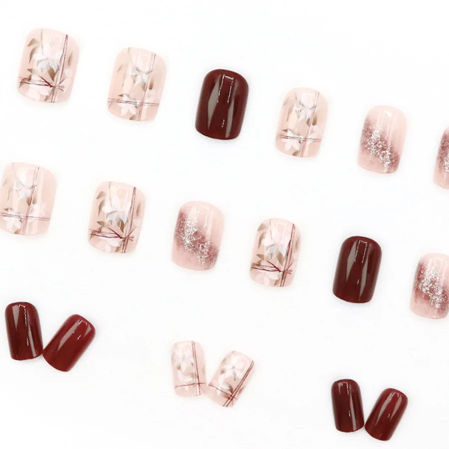Short Medium fake nails for women girls gradient brown flowers leaf design full cover square ballet tips acrylic press on nails