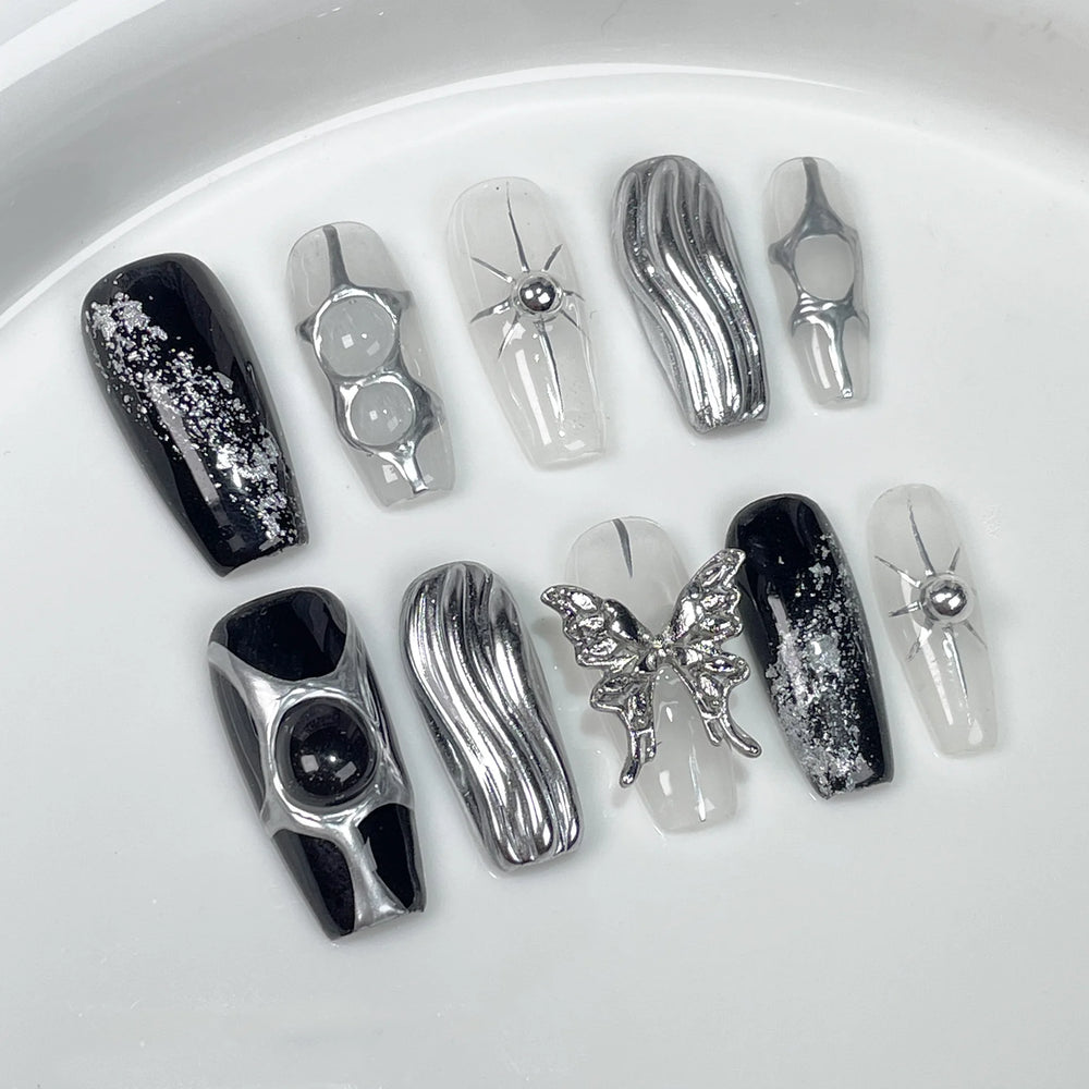 Black Chain & Butterfly Punk Handmade Press-On Nails – Long Coffin, 10 Pcs