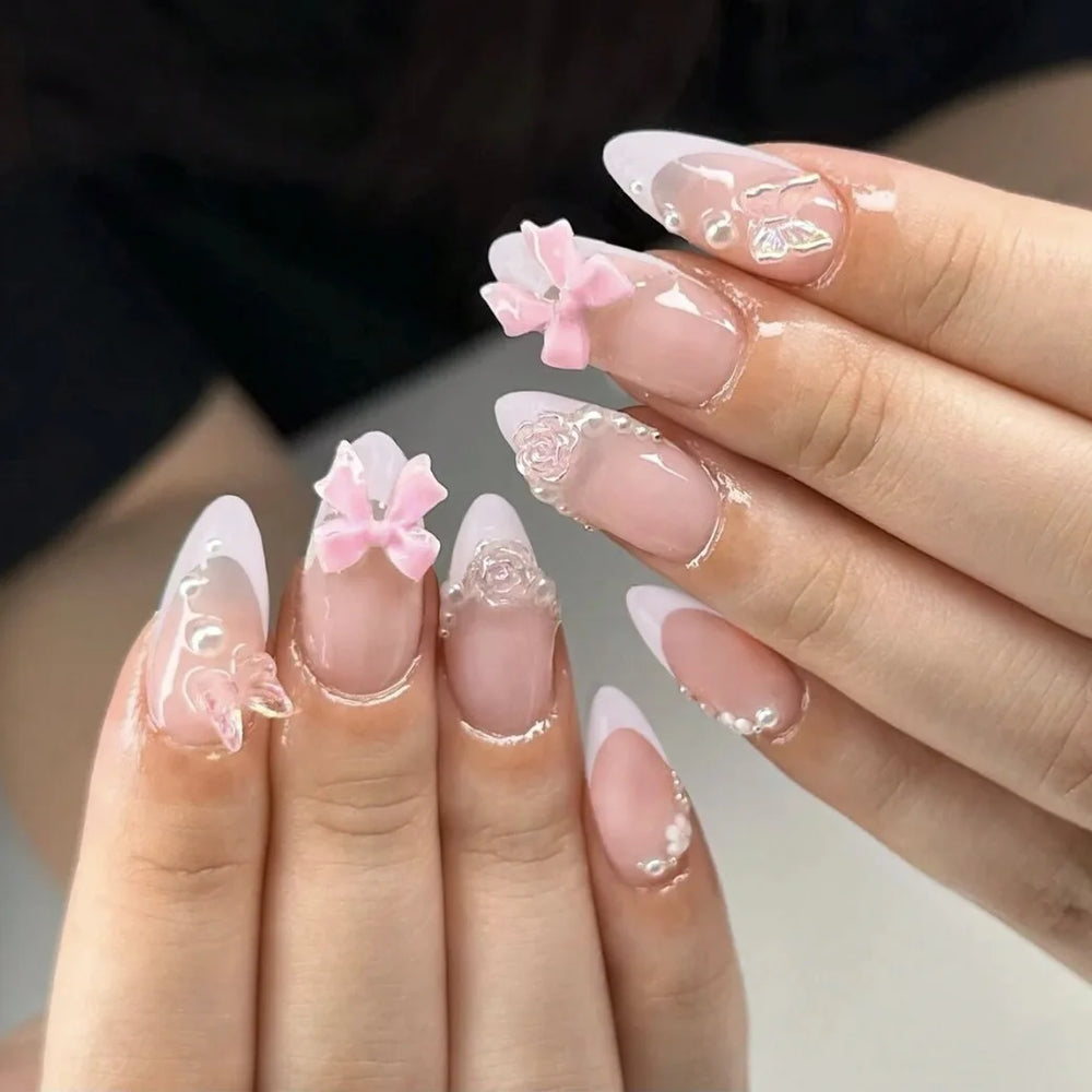 White French Tip Flowers & Bows Press-On Nails – Almond, 24 Pcs
