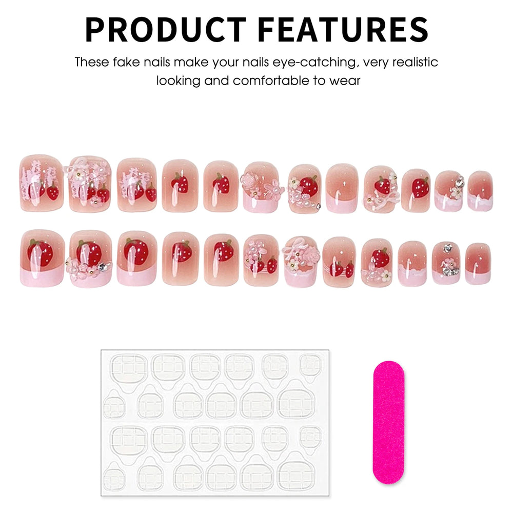 Red Strawberry & Bow French Press-On Nails – Short Square, 24 Pcs
