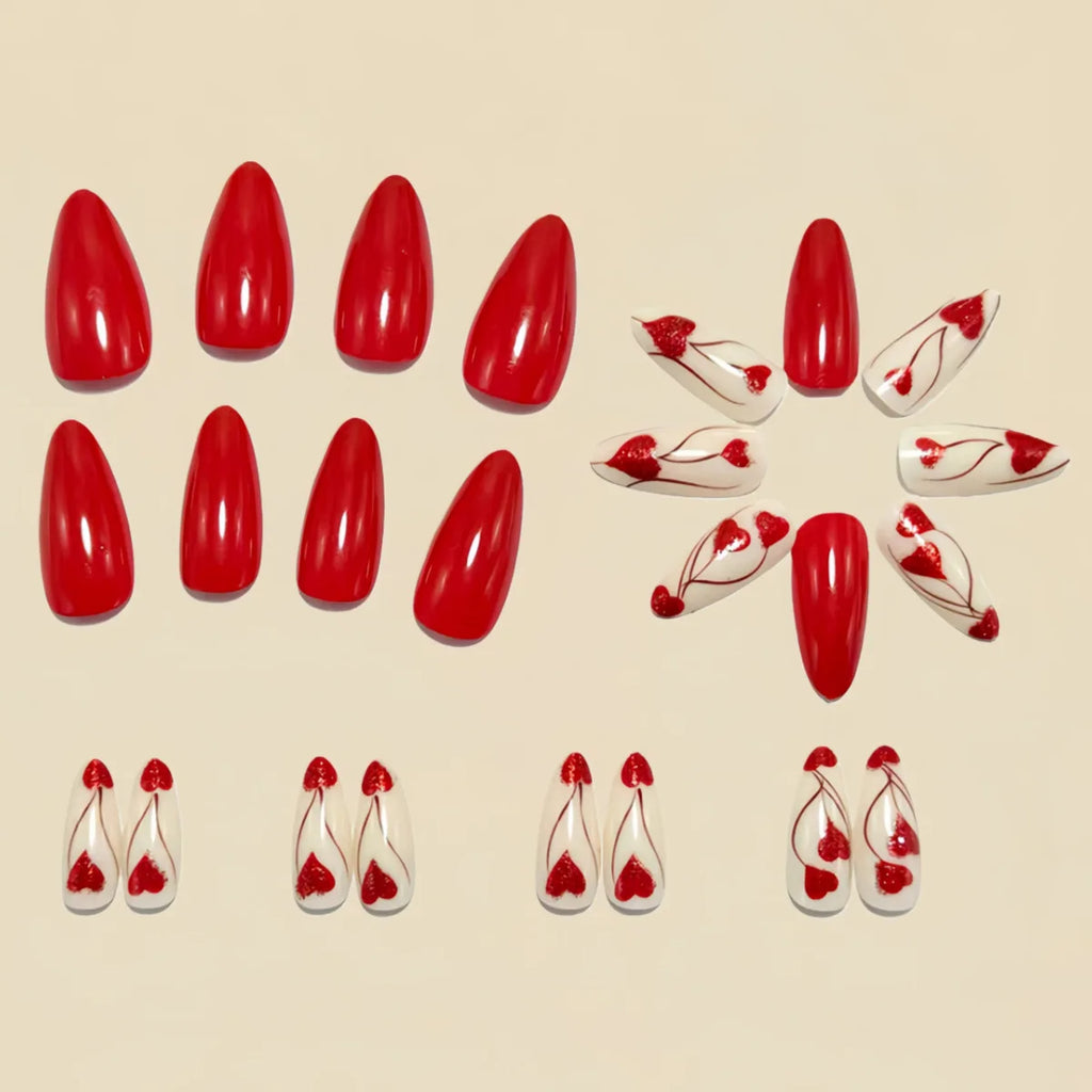 Medium fake nail for women gradient black red heart design for Valentine's Day ballet almond tips press on false nail art set
