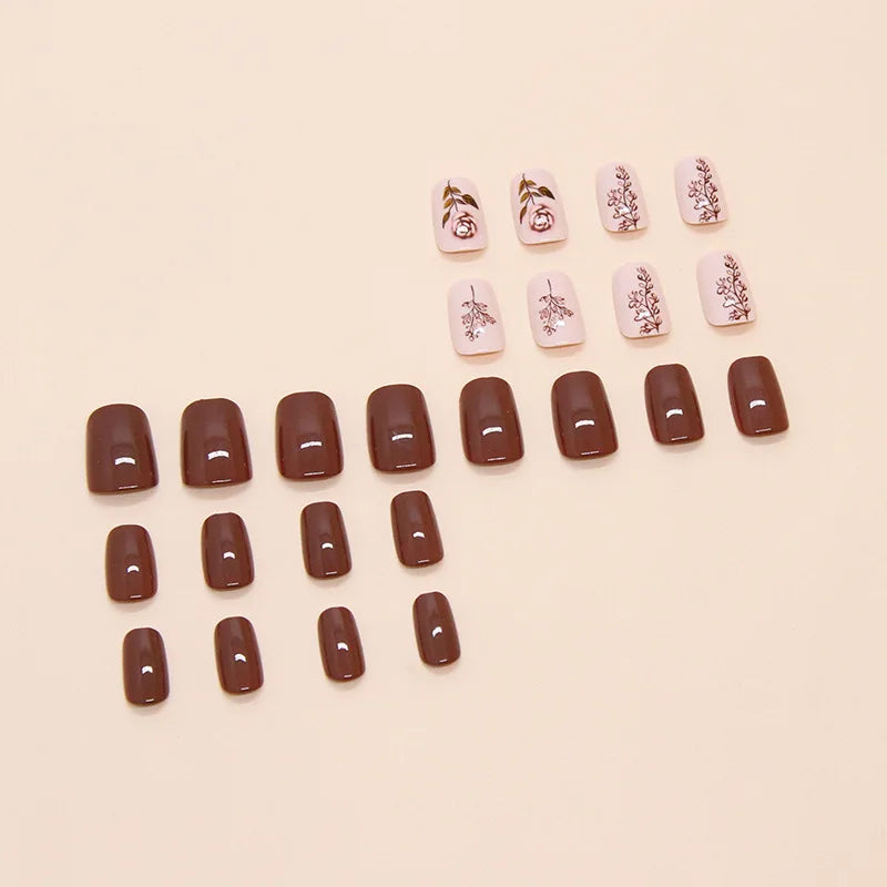 Short Medium fake nail for women brown coffee colors matte grid or glossy flowers design full cover reusable press on false nail