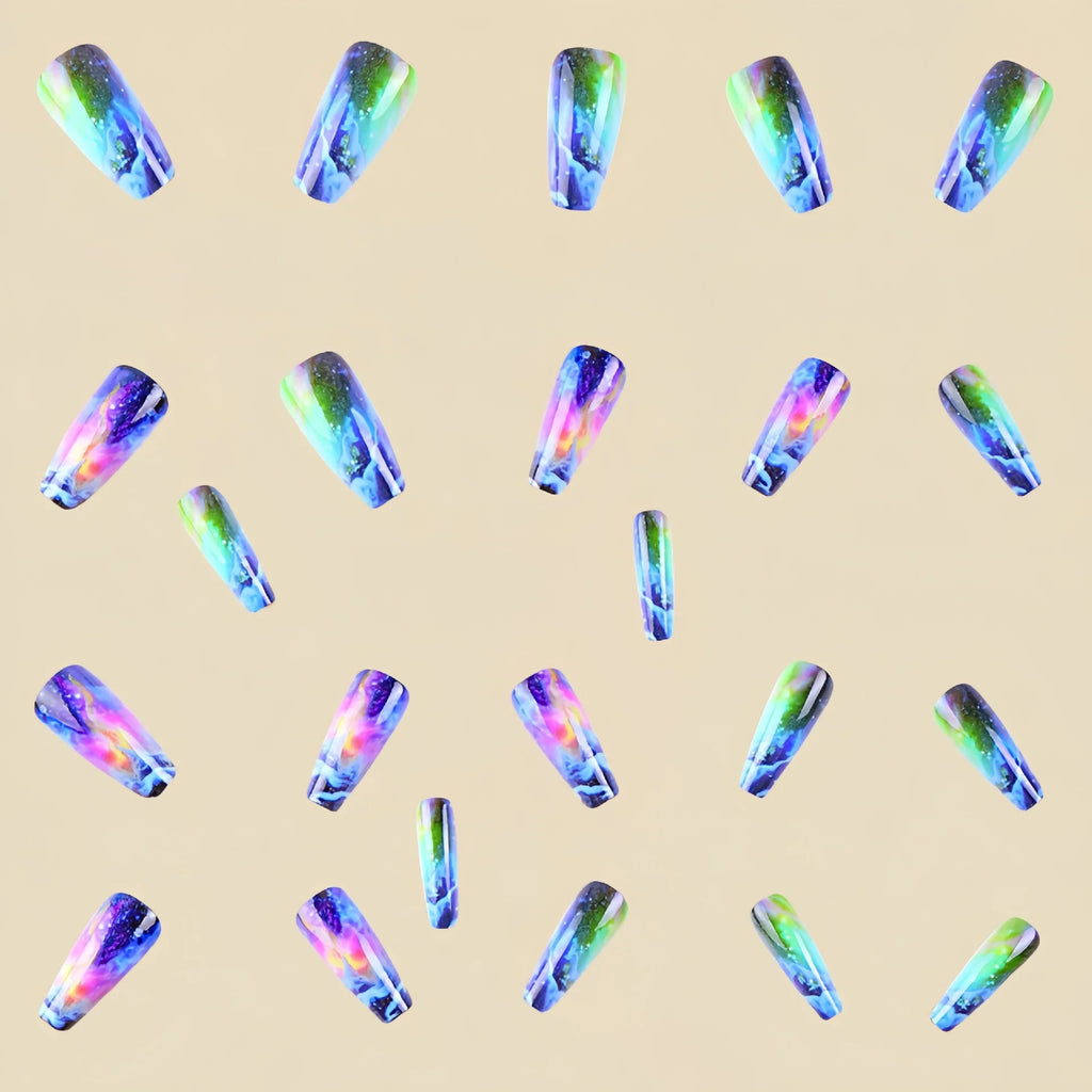 Medium long fake nails for women gradient green purple blue colors print Y2K ballet shape full cover press on Artificial Nails
