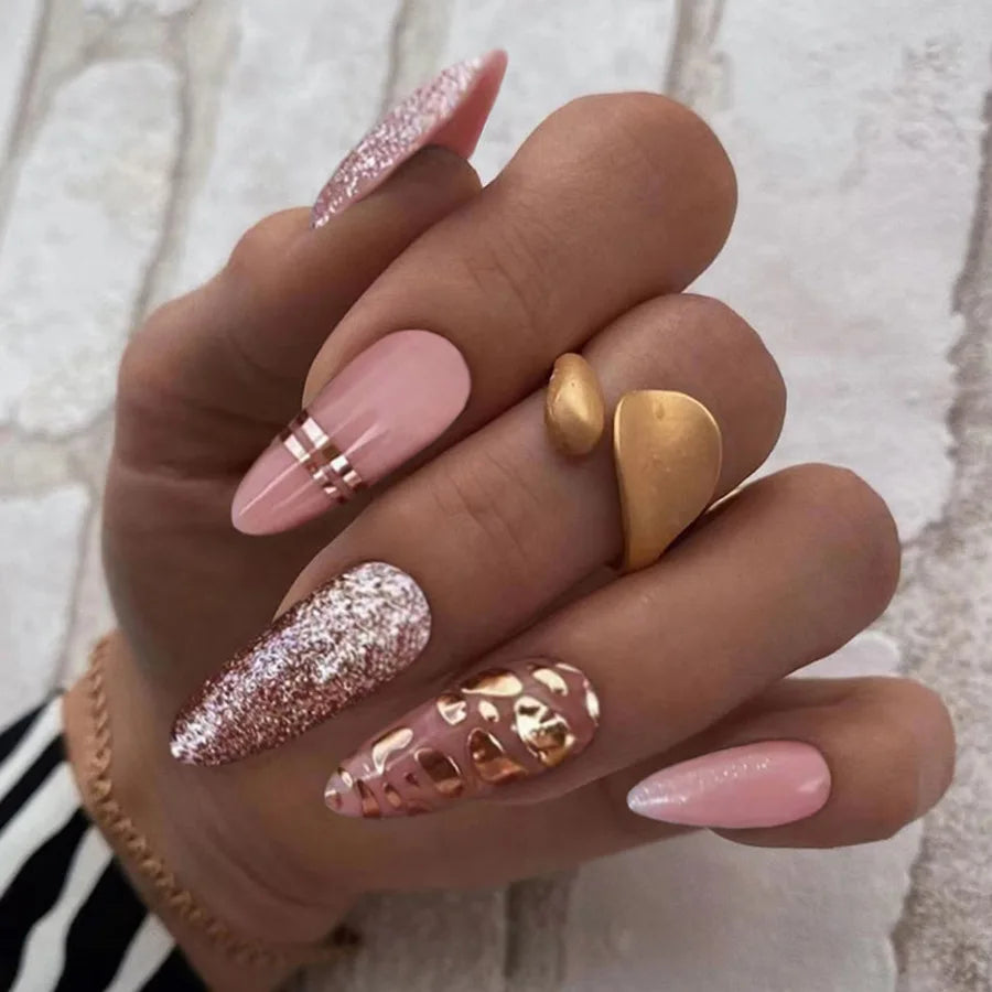 Medium fake nails for women gilr Nude pink almond nail tips with sparkling glitters french strips full cover press on false nail