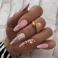 Medium fake nails for women gilr Nude pink almond nail tips with sparkling glitters french strips full cover press on false nail