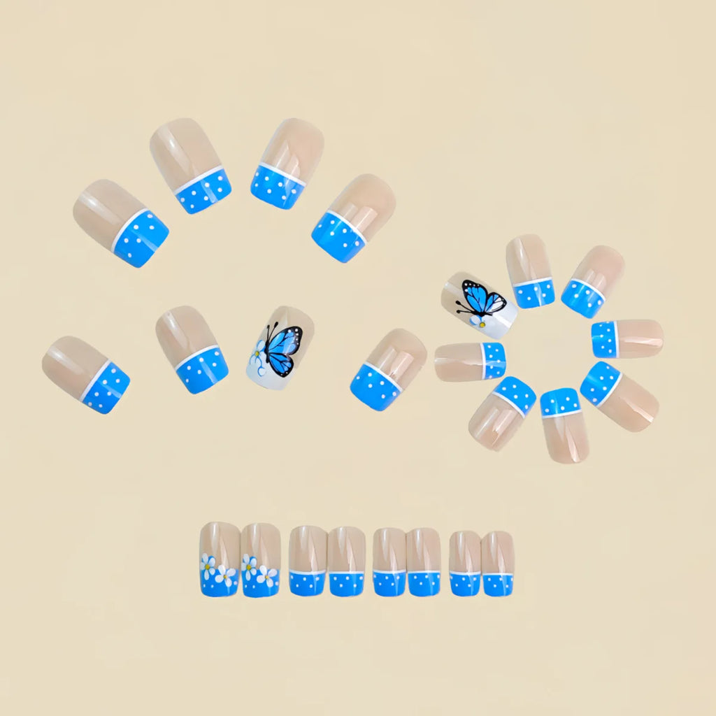 Medium fake nails for women girls Spring summer flowers butterfly polka dots black blue french square nail tips press on nail