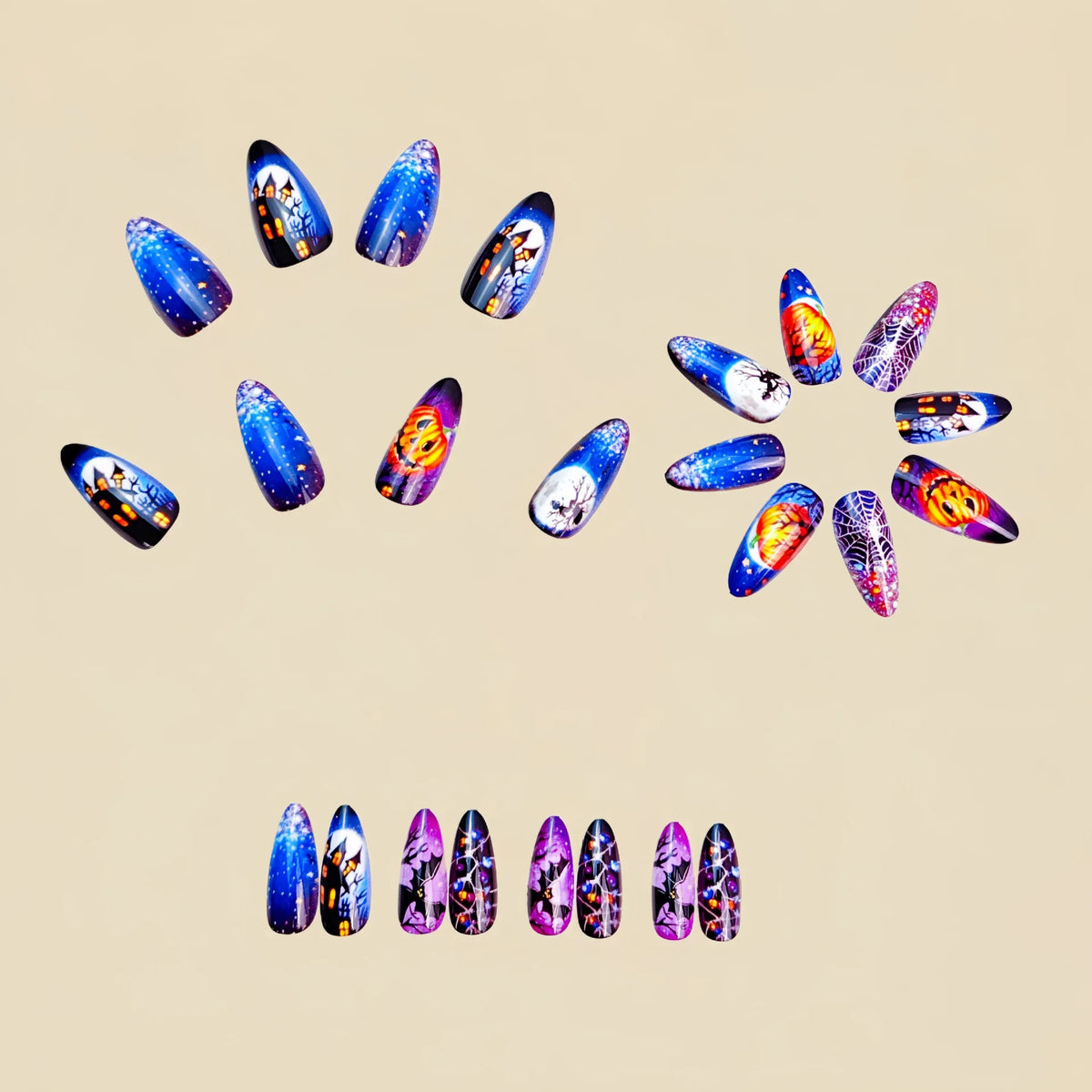 24pc/set fake nails for women gilrs Y2K colors bat or pumpkin castle design for Halloween almond shape press on false nail set