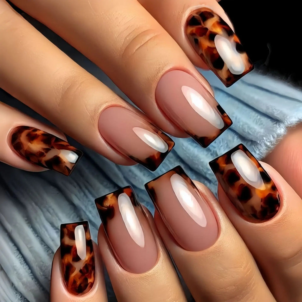 Medium long fake nails for women girls brown black brown leopard printing french Square ballet nail tips press on false nail art