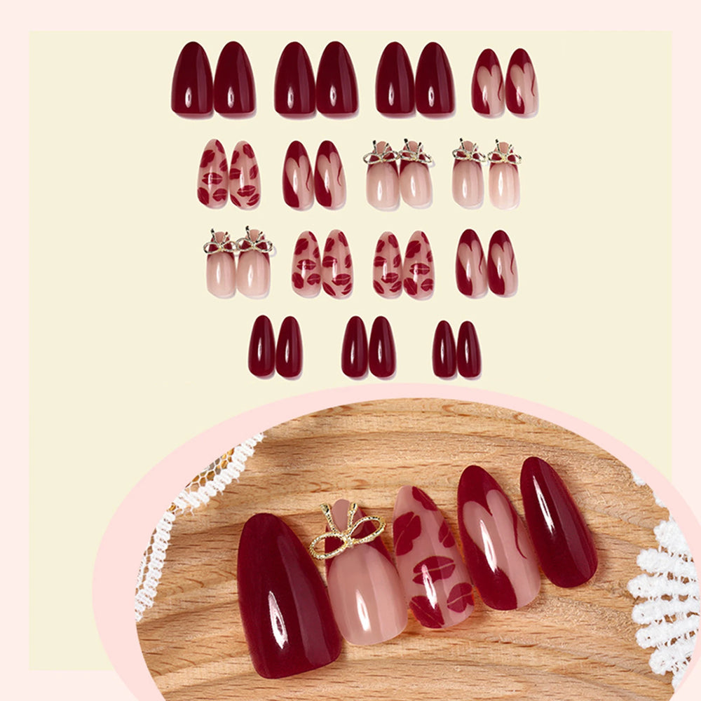 Red Lips Print Wine French Press-On Nails – Almond, 30 Pcs