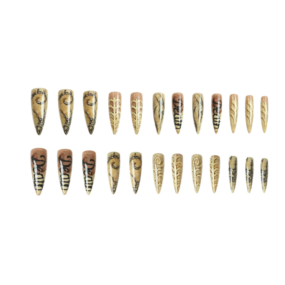 Skeleton Bone Texture Halloween Press-On Nails – Long Stiletto, 24 Pcs