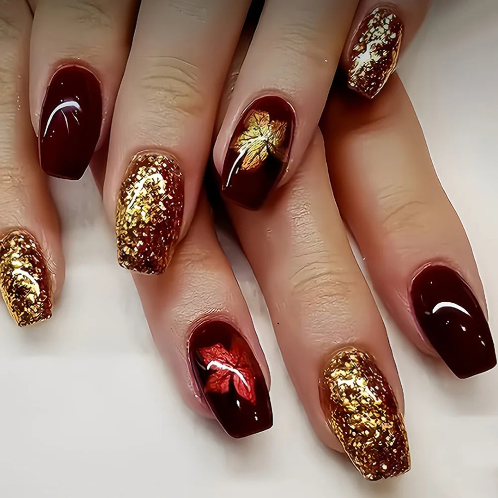 24pcs/set Short Square Ballet almond fake Nails tips Red Black Gold Purple Floral Geometric Pattern Press-On False Nails art set