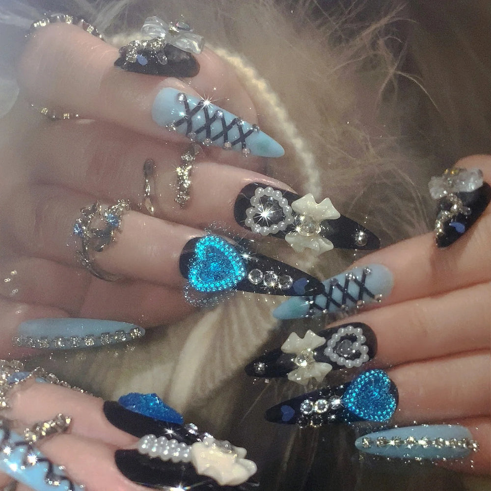 Black & Blue 3D Bow Pearl Heart Press-On Nails – Long Stiletto, 24 Pcs