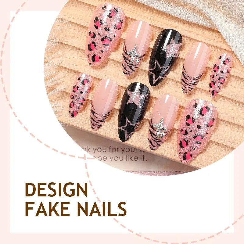 Medium fake nails for women pink leopard star printing with sparkling glitters Almond nail tips full cover press on false nail