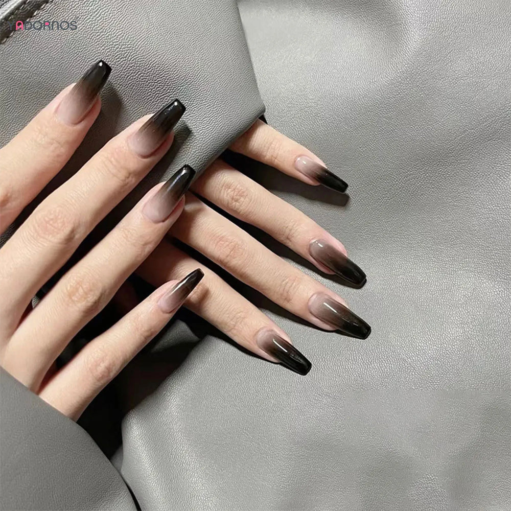 Black Ombre French Press-On Nails – Long Ballerina, 24 Pcs