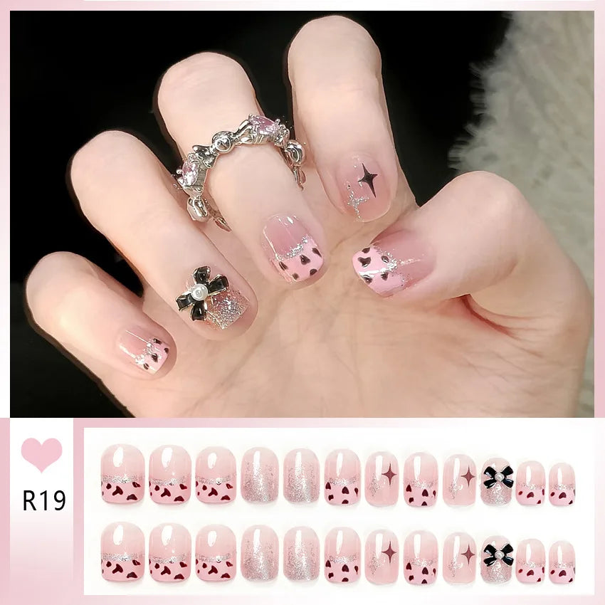 Bow & Heart Pattern Korean French Press-On Nails – Short Round, 24 Pcs