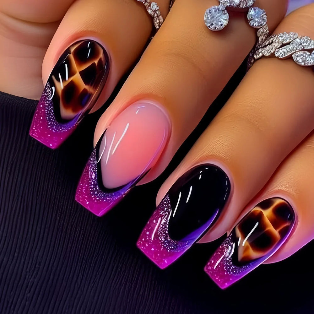 Y2K Leopard Gradient Ballet Press-On Nails – Medium Long Square, 24 Pcs