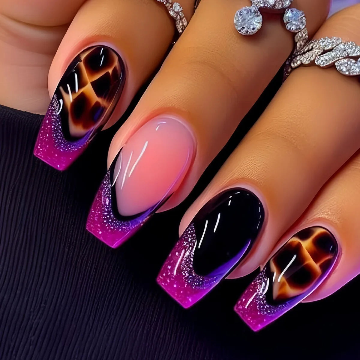 24pcs/set Medium Long Fake Nails for Summer Autumn Winter Leopard Print Y2K Gradient Square Ballet Tips Press On False Nails