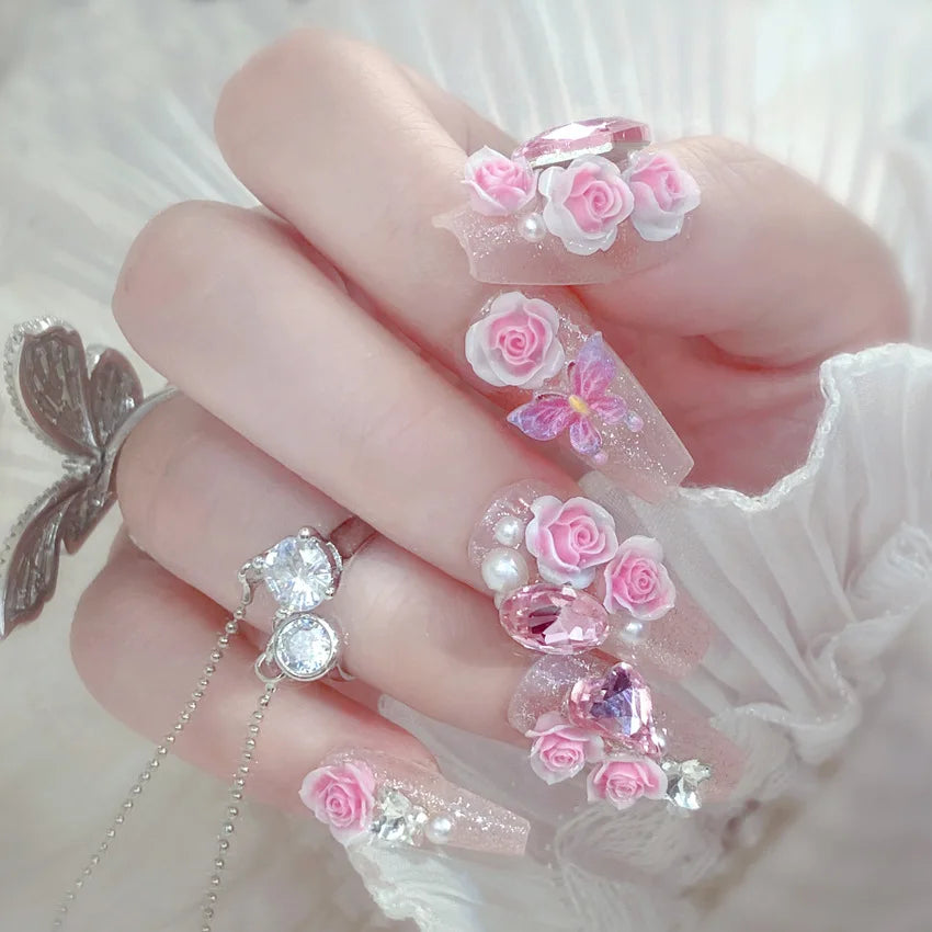 Pink 3D Flower & Metal Bow Press-On Nails – Almond, 24 Pcs