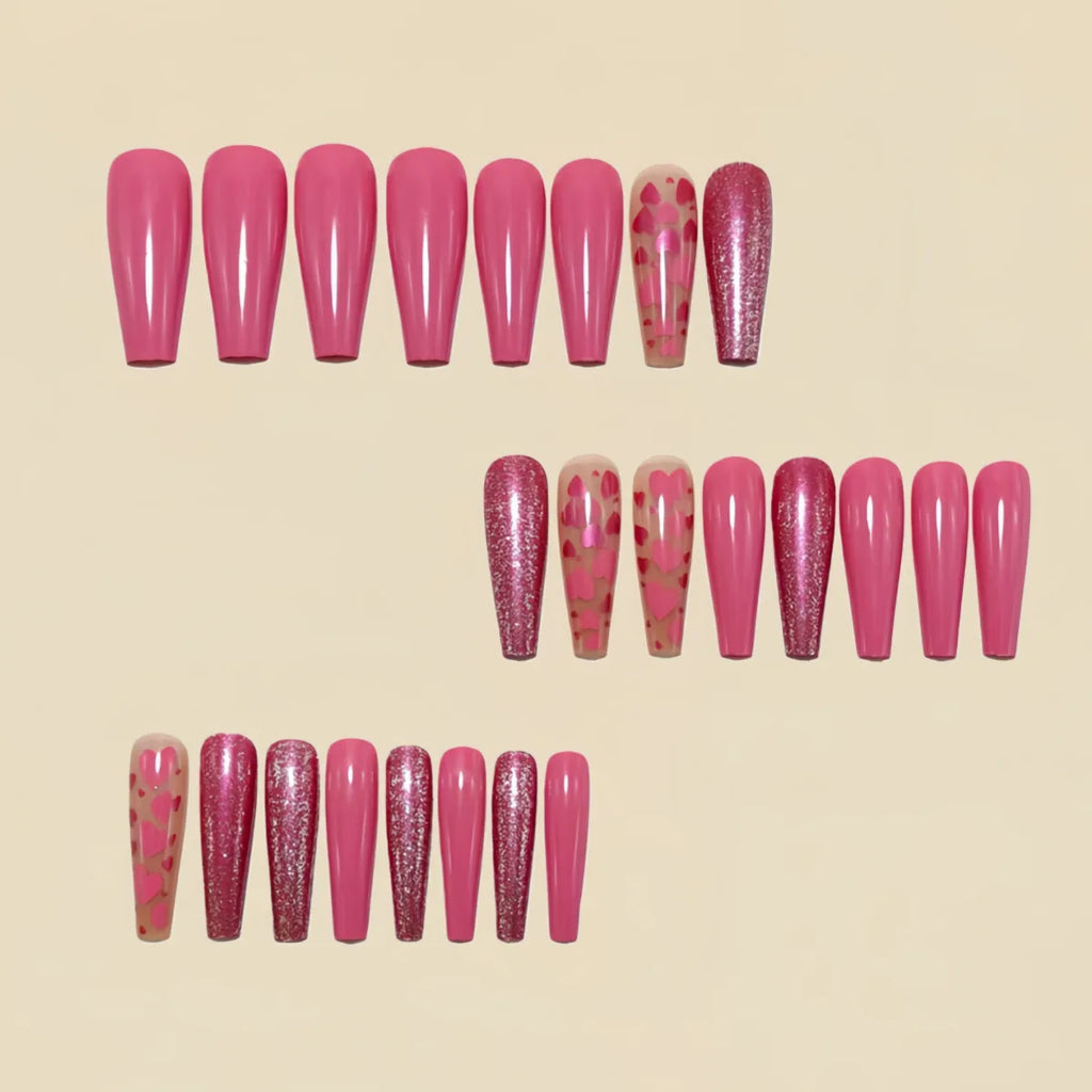 Medium long fake nails Pink blue heart design for wedding Valentine's Day party Ballet square nail tips press on false nail